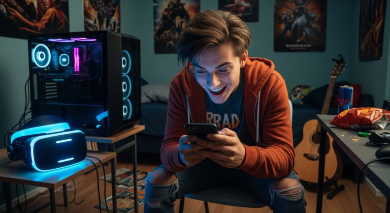 un jeune homme enthousiaste regardant son téléphone, UC gamer et casque VR en arrière plan