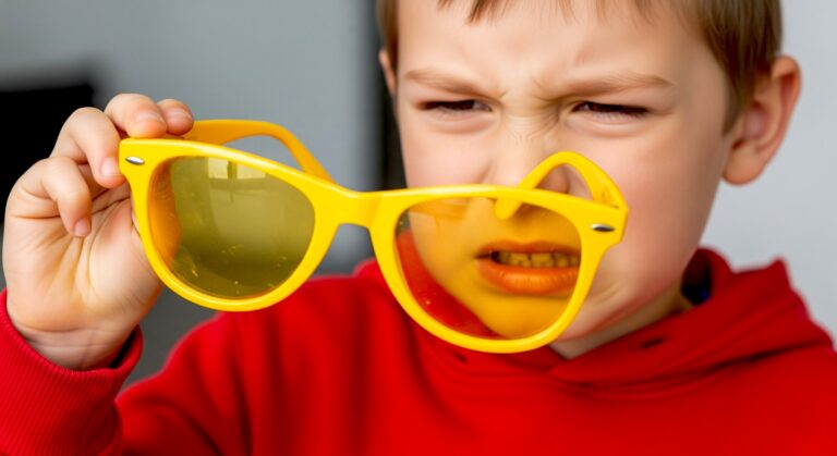 enfant dégouté par une paire de lunettes jaune