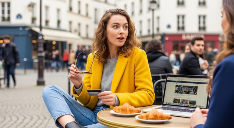 Une femme sur une terasse, lunettes et carte bancaire à la main