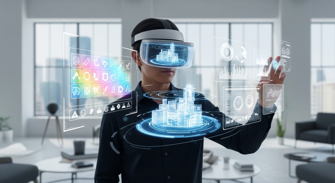 Un homme qui interagit avec des objets en 3D