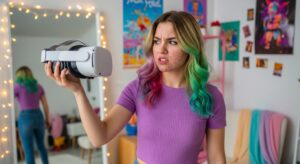 femme en colère contre le casque VR blanc