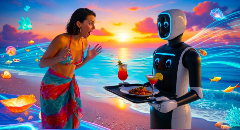 Une femme dans un monde VR regardant un robot lui livrer de la nourriture et des boissons