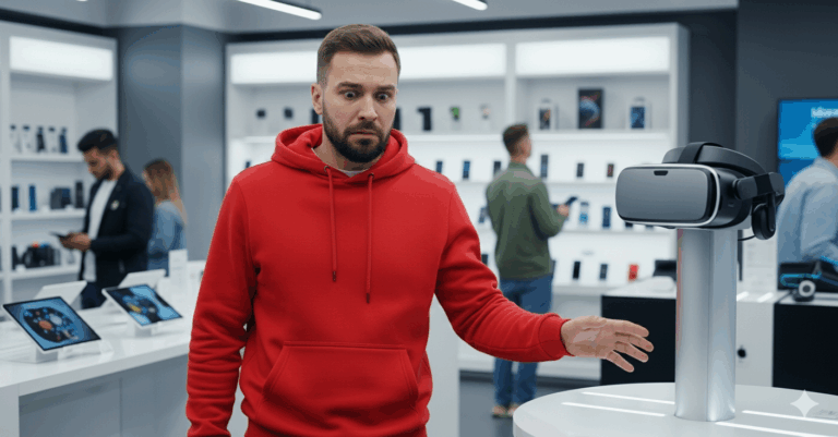 un homme dans une boutique de casque VR