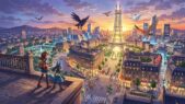 Une dresseuse et Lucario contemplent une vaste ville parisienne et sa magnifique tour lumineuse au coucher du soleil.