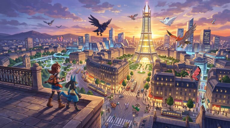 Une dresseuse et Lucario contemplent une vaste ville parisienne et sa magnifique tour lumineuse au coucher du soleil.