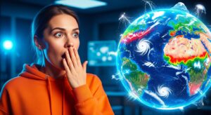 une femme regardant une Terre numérique