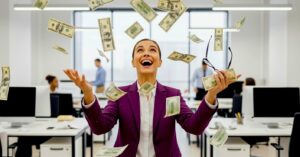 une femme, lunettes Rokid à la main, rattrape des tas de billets volant partout, pour illustrer qu'elles bats les records de financement