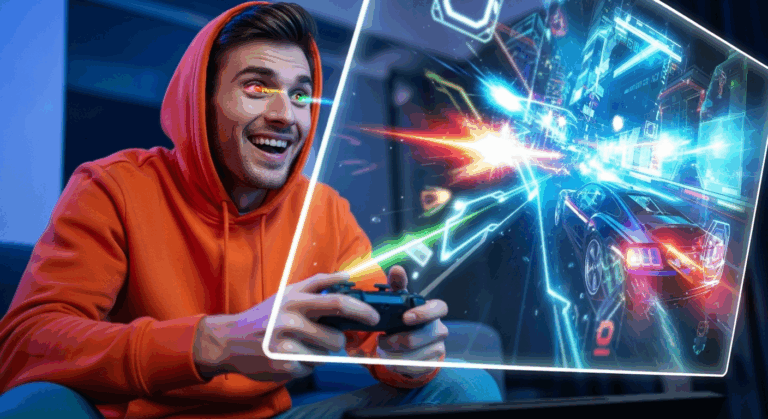 Un gamer jouant sur un écran holographique