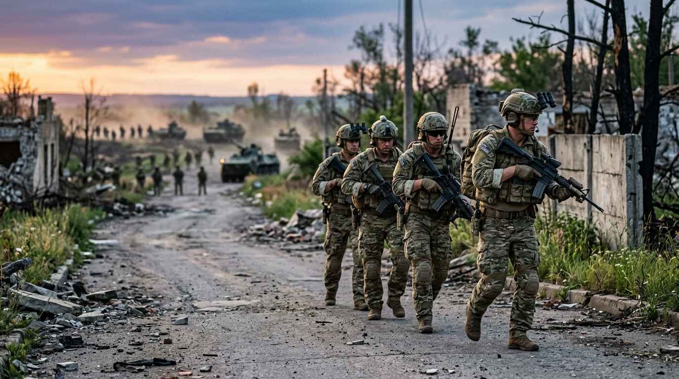 Quatre soldats en tenue camouflage patrouillent armés sur une route dévastée, suivis par des véhicules blindés au crépuscule.