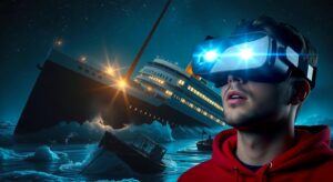Un homme regardant Titanic en VR à Paris
