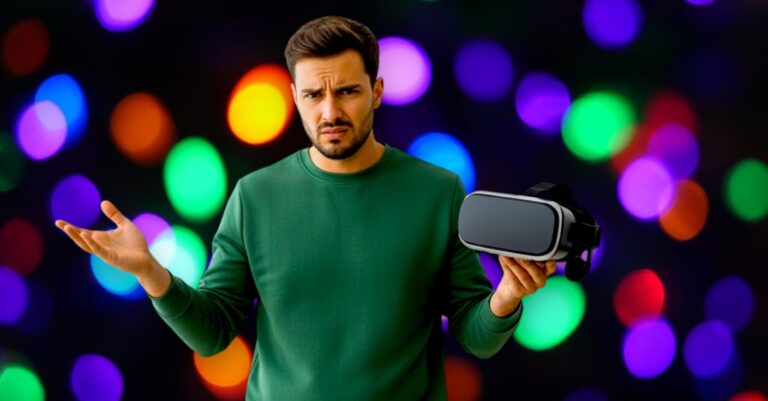 un homme confus, casque XR de Samsung à la main