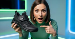 Une femme pointant du doigt un chaussure