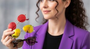 Une femme tenant 3 lunettes connectées