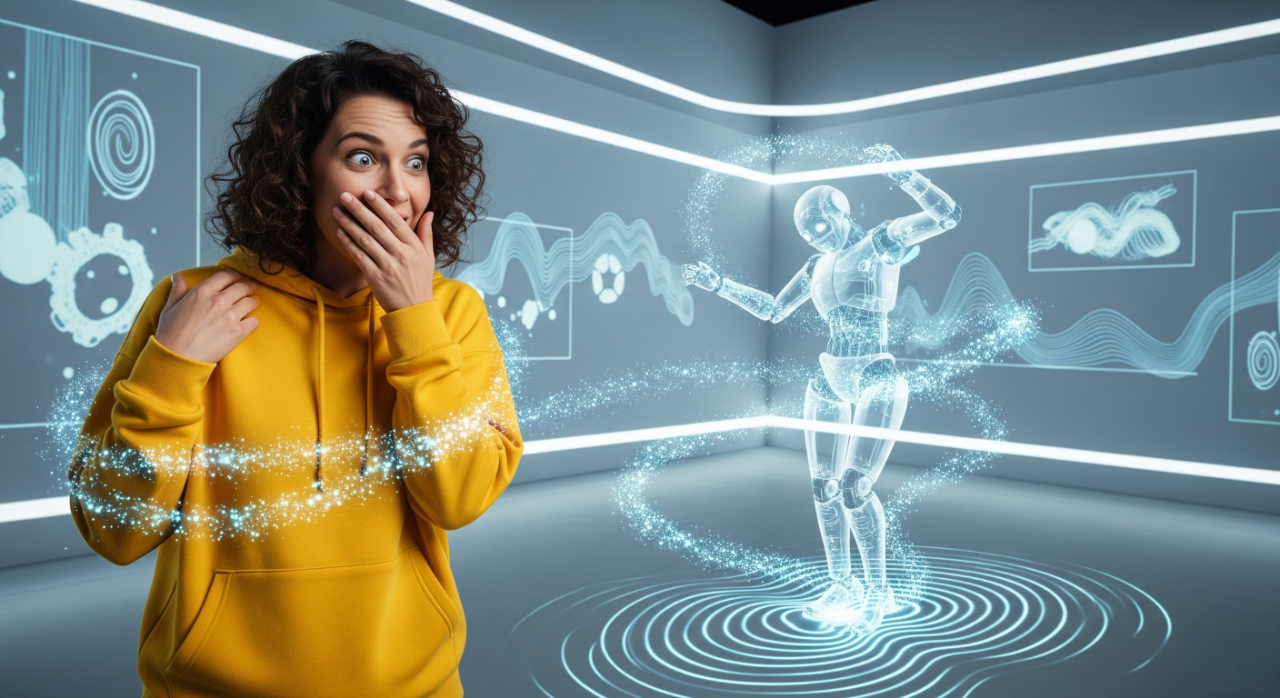 une femme en plein VR voyant un robot invisible danser