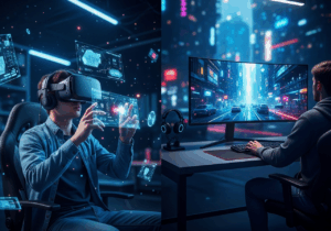Deux joueurs dans une salle de jeux futuriste : l’un plongé dans la réalité virtuelle avec casque VR et hologrammes flottants, l’autre devant un écran incurvé affichant une ville futuriste photoréaliste aux néons lumineux.