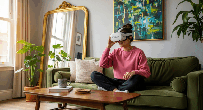 Une femme en casque VR dans le salon