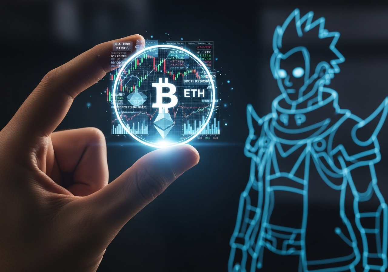 Une main humaine tenant une monnaie virtuelle qui émet une lumière holographique, affichant des données financières (cours, symbole). En arrière-plan flou, la silhouette d'un avatar personnalisé se dessine dans cette lumière.