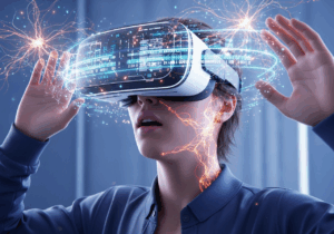 Joueur concentré portant un casque de réalité virtuelle, entouré de flux lumineux et de motifs abstraits symbolisant les émotions et les circuits de récompense du cerveau.