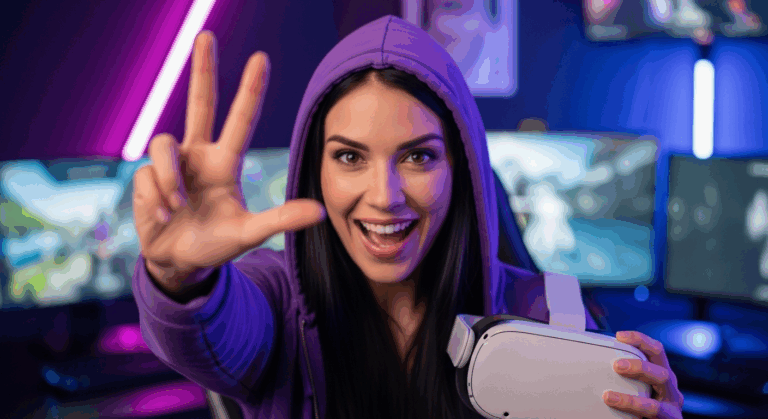 une femme qui fait 3 avec sa main