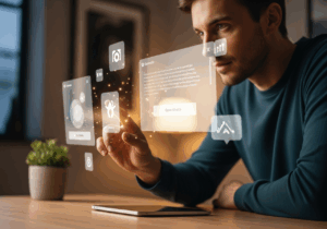 Un utilisateur interagit avec une interface holographique réaliste inspirée des standards UX actuels, avec des éléments 3D légers et une gestuelle fluide, dans un environnement moderne et lumineux.