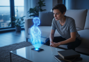 Utilisateur discutant avec un avatar IA holographique dans un salon moderne, ambiance futuriste réaliste.