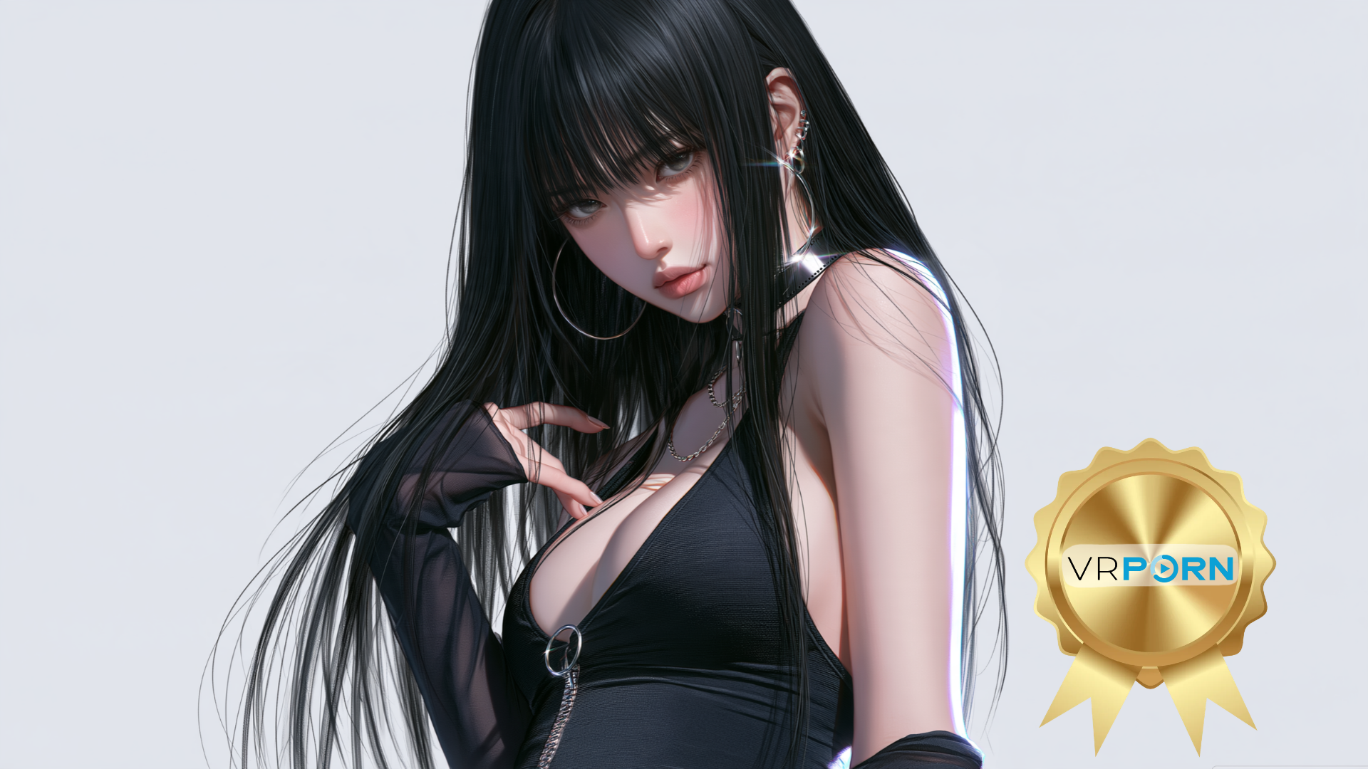 Jeune femme au style webtoon coréen semi-réaliste aux longs cheveux noirs lisses et à frange, vêtue d'une tenue noire décolletée à manches transparentes et portant de grandes créoles argentées ainsi qu'un collier ras-de-cou.
