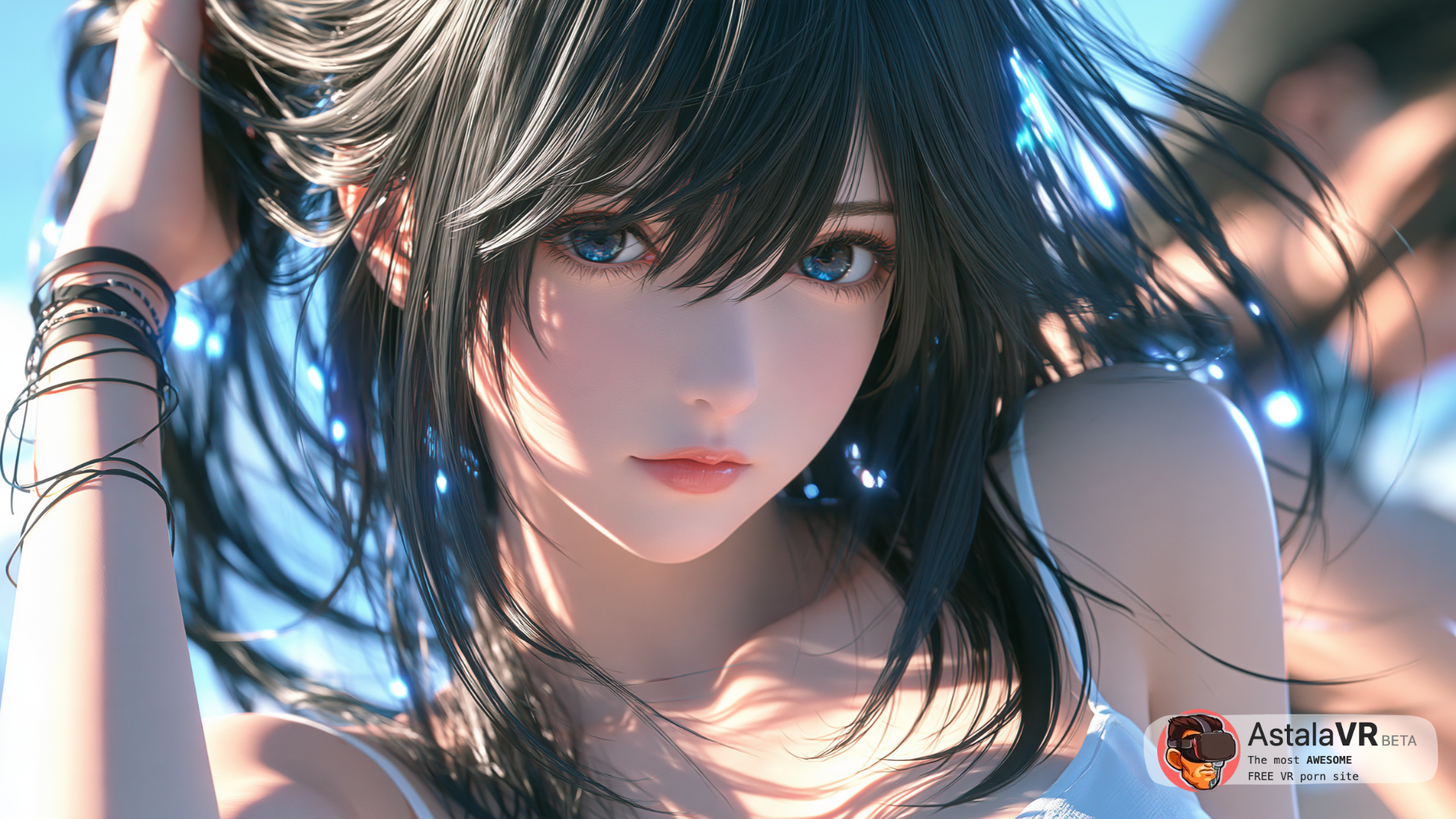 Jeune femme au style anime semi-réaliste aux cheveux noirs coiffés d'une frange et aux yeux bleus lumineux, tenant ses mèches d'une main ornée de plusieurs bracelets noirs fins et vêtue d'un haut blanc à fines bretelles sous un éclairage ensoleillé.