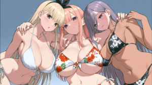 Trois personnages féminins au style manga posant côte à côte en bikini : une jeune femme blonde aux yeux verts vêtue d'un maillot blanc à gauche, une femme aux cheveux roses coiffée d'un nœud noir en maillot floral au centre, et une femme aux longs cheveux lilas en maillot fleuri sombre à droite.