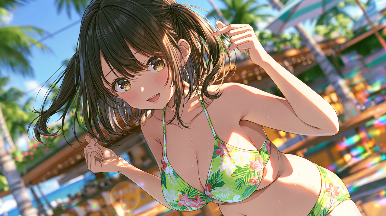 Jeune femme souriante au style anime aux cheveux bruns coiffés en deux couettes et aux yeux ambrés pétillants, esquissant un geste de la main et vêtue d'un bikini vert à motifs floraux tropicaux dans un cadre estival ensoleillé.