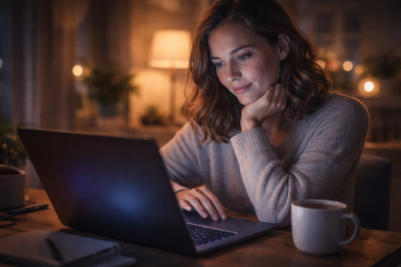 Personne devant un ordinateur portable dans une pièce sombre, éclairée par l’écran, en pleine conversation immersive avec un compagnon IA.