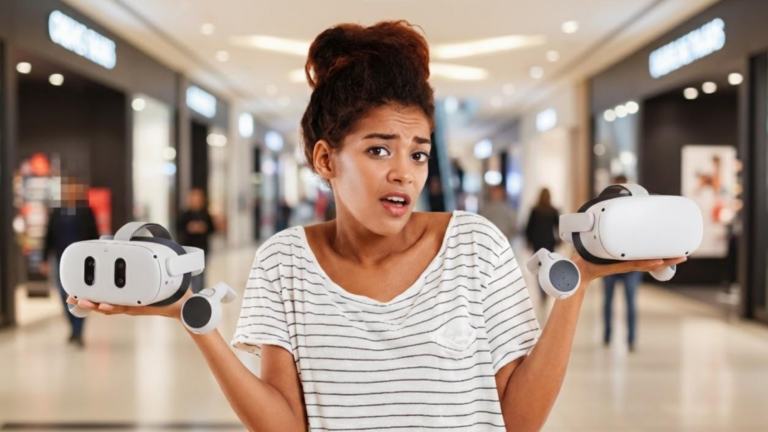 Une jeune femme tenant un casque Meta Quest 3 et Quest 3S