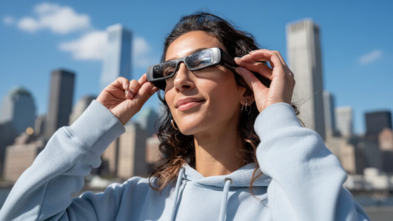 Une femme portant des lunettes connectées avec la ville de Manhattan en arrière-plan