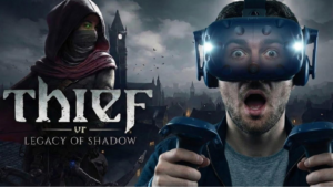 Un homme portant un casque HTC Vive jouant à Thief VR : Legacy of Shadow