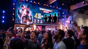Des fans enthousiastes capturent sur smartphone l'annonce de la saison 3 de Tekken 8 sur un grand écran de scène illuminé.