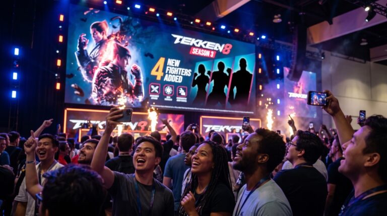 Des fans enthousiastes capturent sur smartphone l'annonce de la saison 3 de Tekken 8 sur un grand écran de scène illuminé.