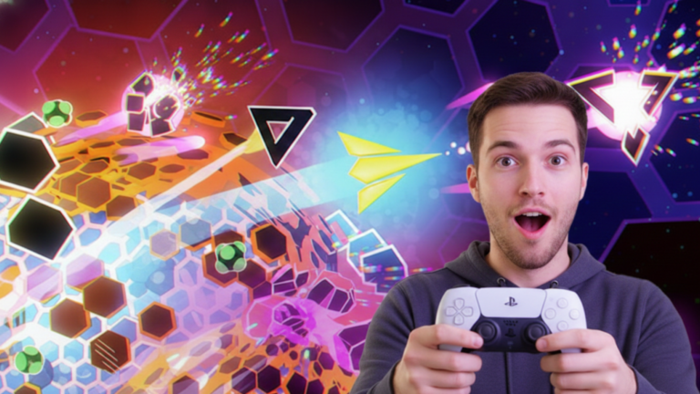 Un homme tenant une manette avec l'affiche Orbital Overdrive