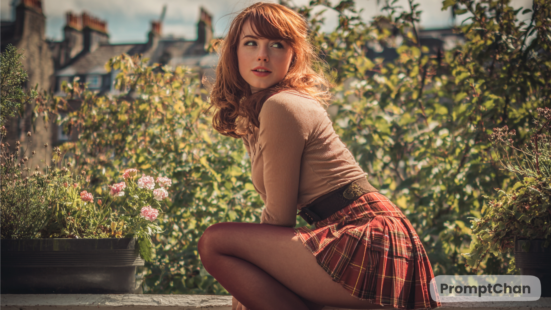 Red-haired woman wearing a plaid skirt sitting in a garden surrounded by plants and flowers