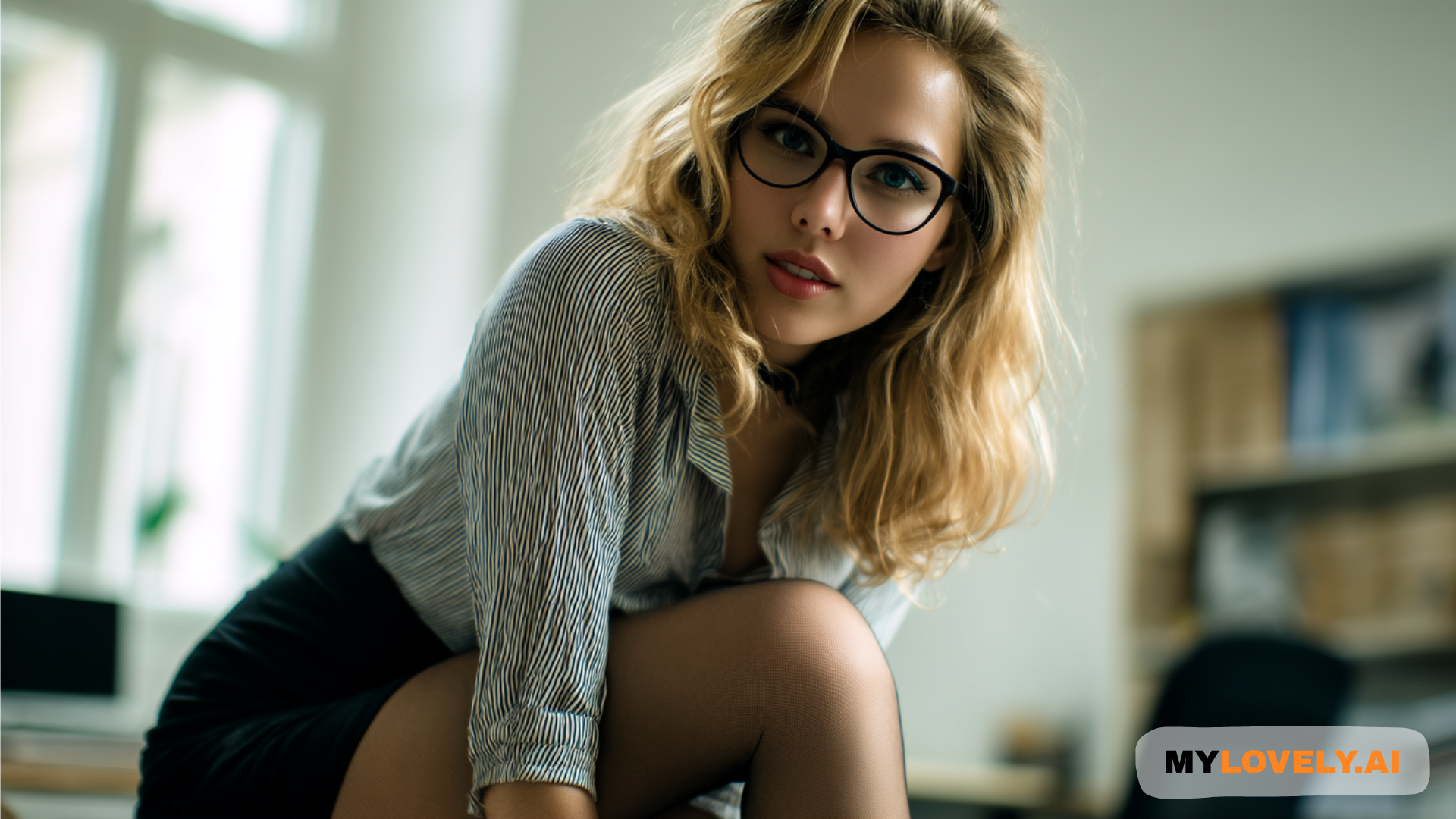 Blonde woman wearing glasses sitting in a bright office