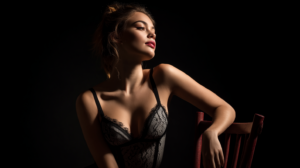 Femme séduisante en lingerie noire dans une ambiance intimiste