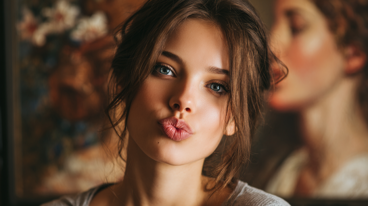 AI girlfriend brune aux yeux clairs envoyant un baiser face caméra dans une ambiance chaleureuse et intimiste.