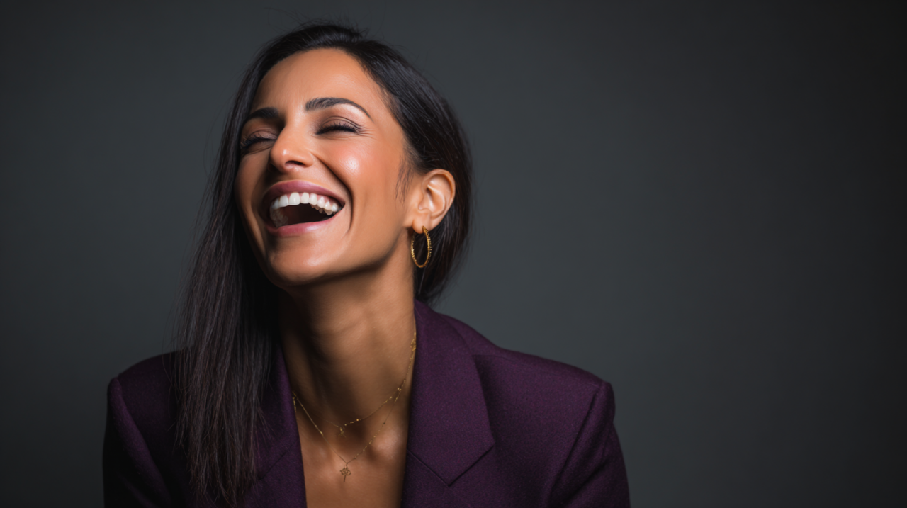 AI girlfriend souriante aux cheveux noirs portant une veste violette dans une ambiance élégante et chaleureuse.