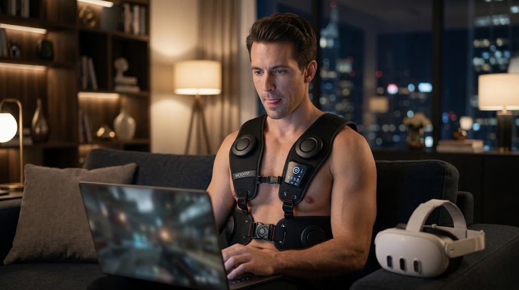 Homme avec un gilet haptique et un casque VR pour renforcer les sensations pendant une expérience immersive en réalité virtuelle