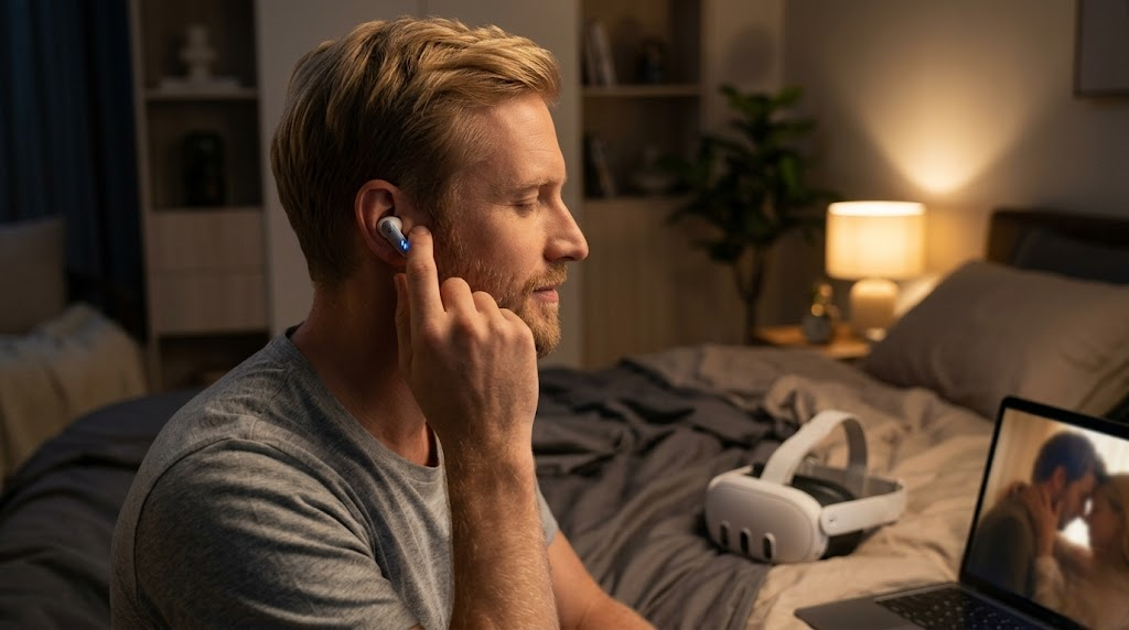 Homme avec des écouteurs audio spatiaux et un casque VR pour une expérience immersive en réalité virtuelle