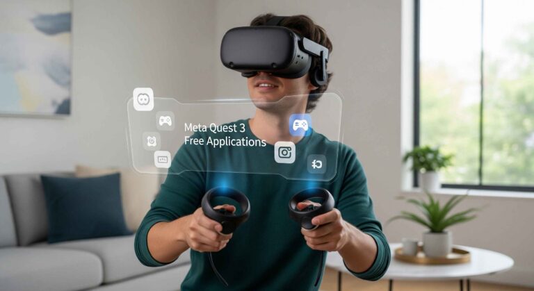 Un utilisateur enthousiaste explore un monde virtuel immersif avec son casque Meta Quest 3, découvrant des applications gratuites innovantes et captivantes.