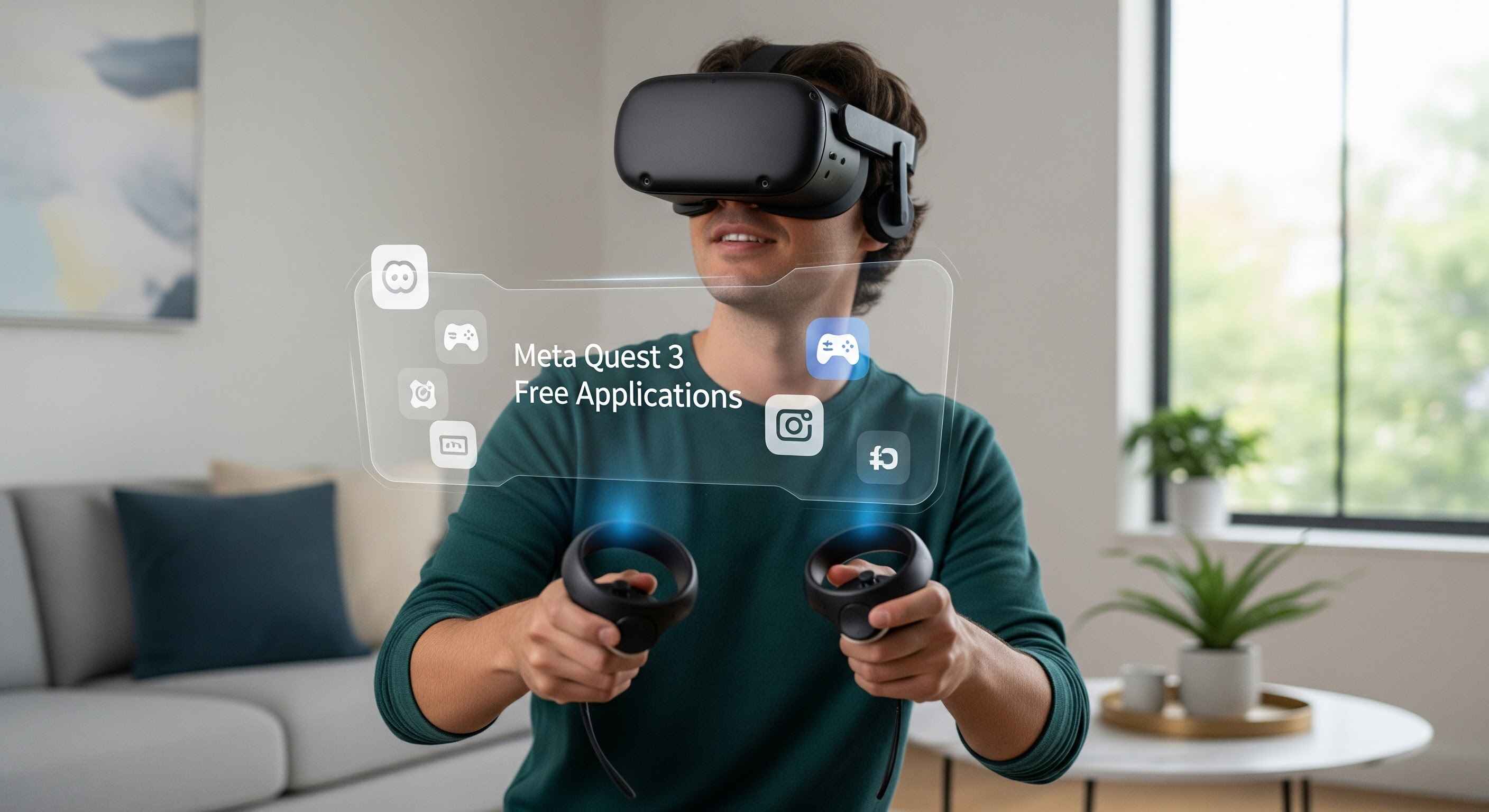 Un utilisateur enthousiaste explore un monde virtuel immersif avec son casque Meta Quest 3, découvrant des applications gratuites innovantes et captivantes.