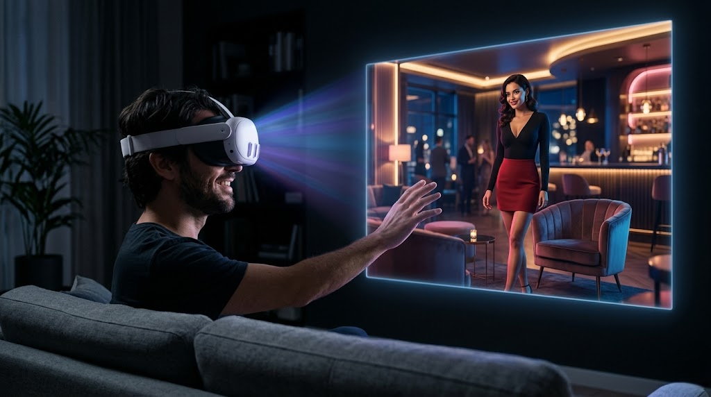 Utilisateur découvrant une expérience adulte en VR avec un casque de réalité virtuelle devant une scène immersive.