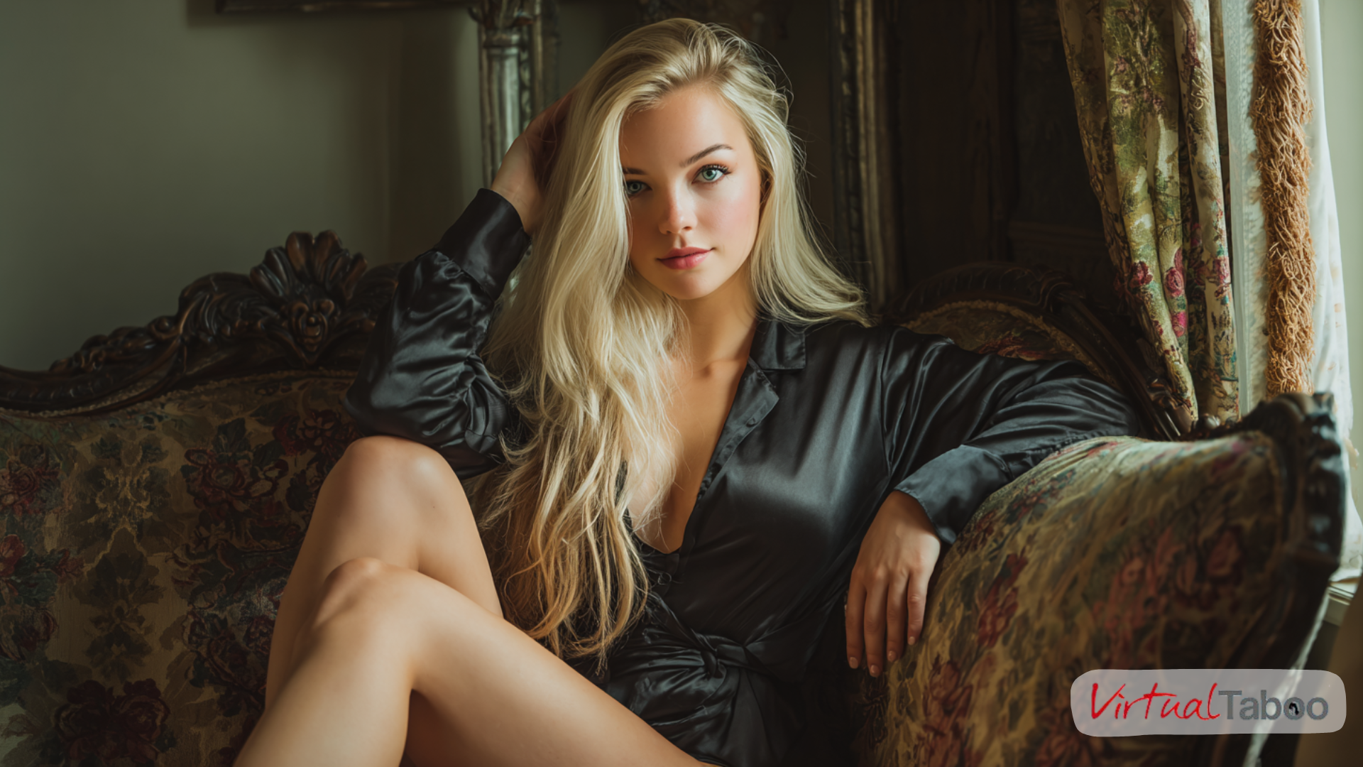 Actrice porno blonde en robe satinée noire dans une ambiance chic et tamisée