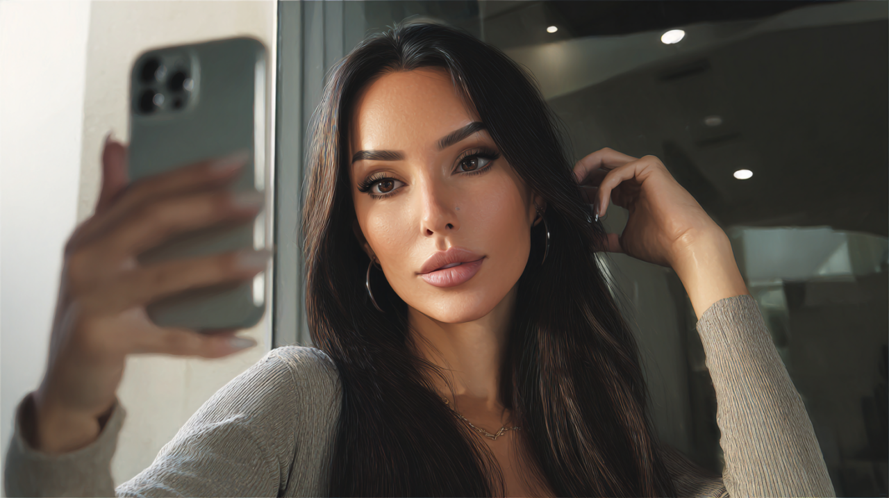 Une AI Girlfriend brune qui prend un selfie avec une apparence réaliste et un regard captivant