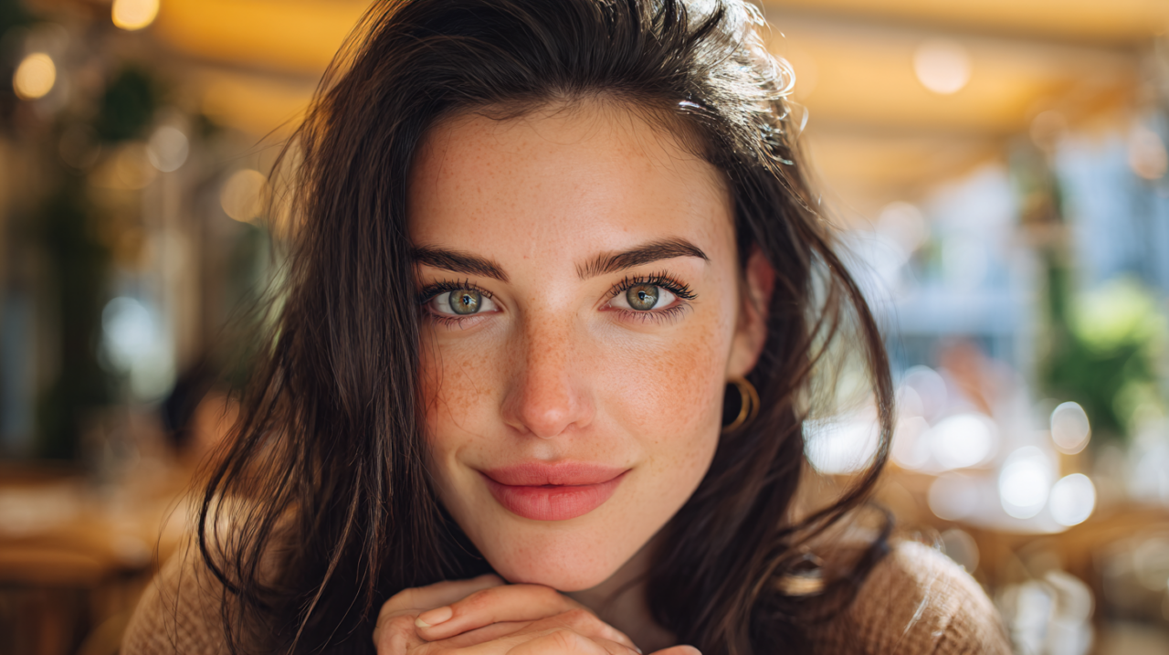 Une AI Girlfriend aux cheveux bruns avec un regard expressif et une apparence réaliste dans un environnement chaleureux.