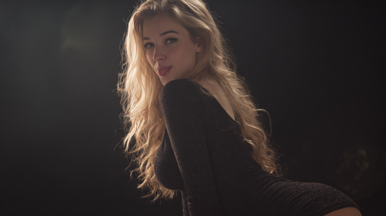 Blonde woman with long hair posing in a black dress under soft lighting